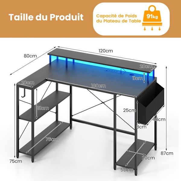 COSTWAY 120 cm hjørnespillebord med skærmstativ, LED-lys og strømstik, opbevaringshylder, sort