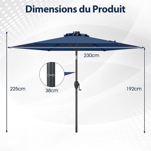 Solar Garden Parasol 230 cm - 18 LED Lights - COSTWAY - Tilt with Push-Button Crank - Ventilated Canopy Blue Blå