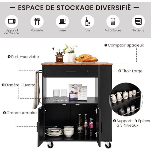 COSTWAY Kökö förvaring på hjul (2 låsbara) 82x46x92cm köksö med 3 kryddlådor svart Svart