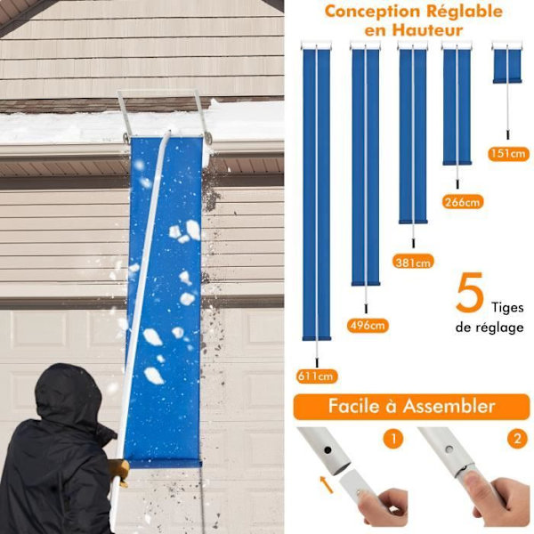 COSTWAY snöskyffel för teleskoptak 151-611 cm 5 aluminiumstänger-Oxfordduk 446 x 44 cm, halkfritt handtag 2 hjul