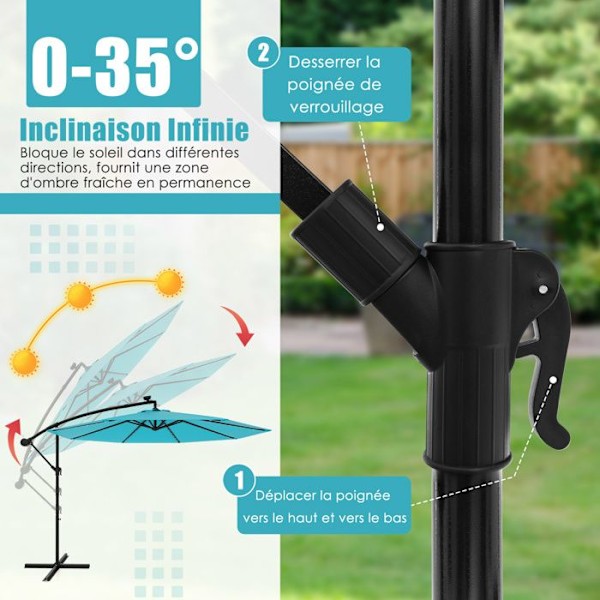 COSTWAY Parasoller med Udtræk φ300x250cm - 40 LED Krydsbase - Vinkeljustering 0 til 35 ° - Vippestang - 360° Rotation - Turkis