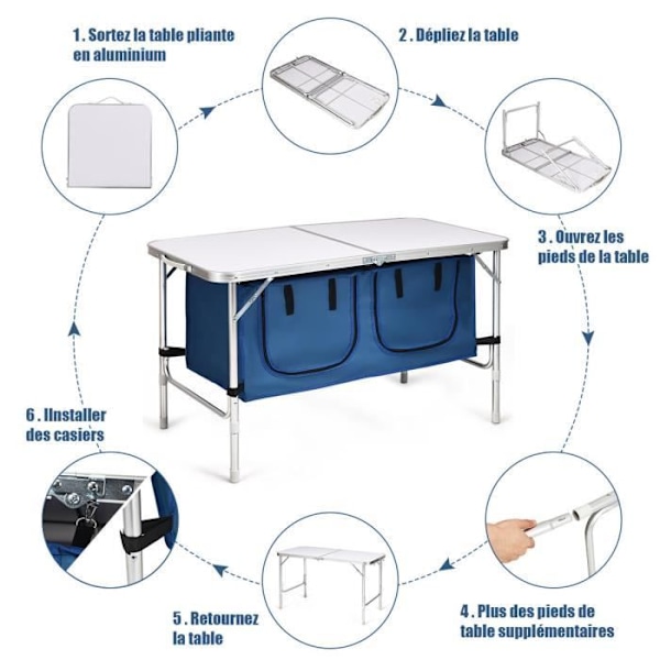COSTWAY Fällbord för Camping med 2 Förvaringsfack Blå Höjdjusterbart Kompakt Trädgårdsbord för Picknick Blå