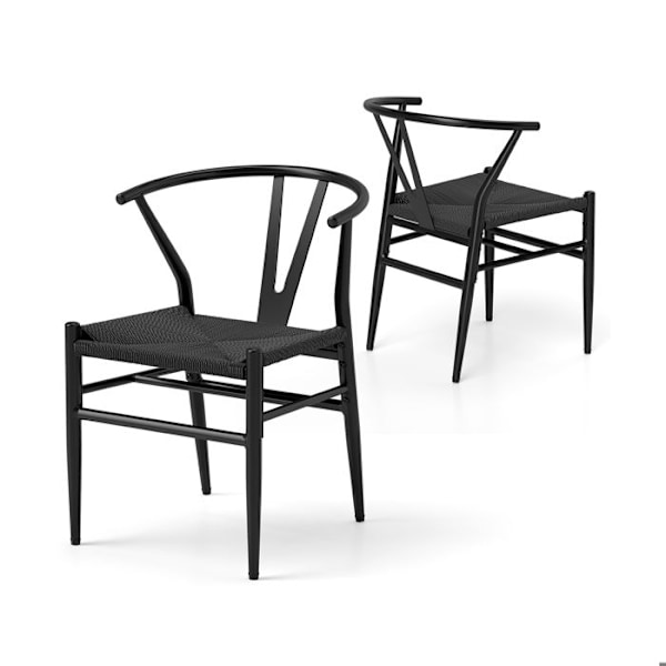 COSTWAY Sæt med 2 Stole med Y-formet Ryg - Sæde i Vævet Snor 46 x 40 cm til Spisestue, Køkken, Kontor Sort