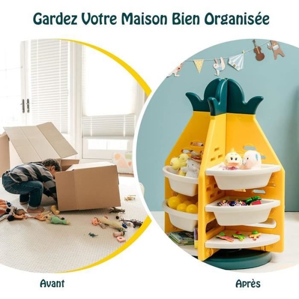 COSTWAY förvaringsställ för leksaker för barn med 3 våningar 74x74x106 CM, ananasformad roterande hylla, 8 plastlådor