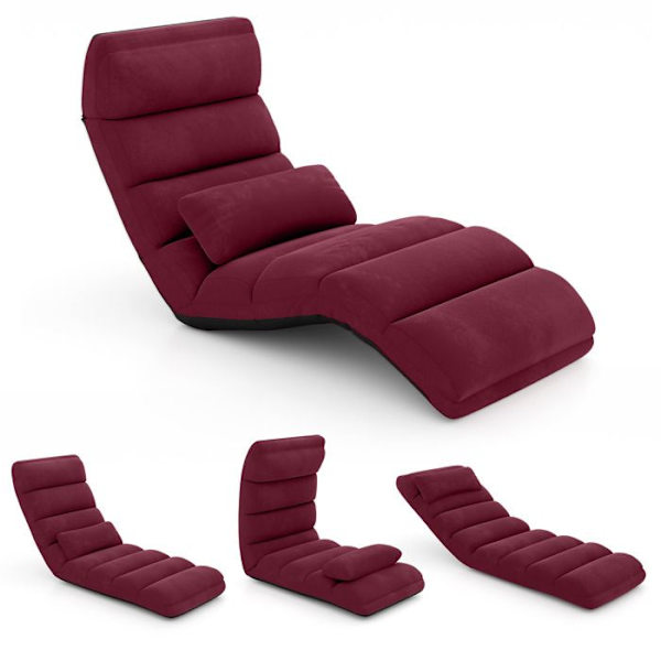 COSTWAY Foldbar Relax Lænestol Justerbar Ryglæn 5 Positioner i imiteret ruskind Gulvstol til Stue, Kontor-175x55x25CM Burgundrød Röd Bordeaux