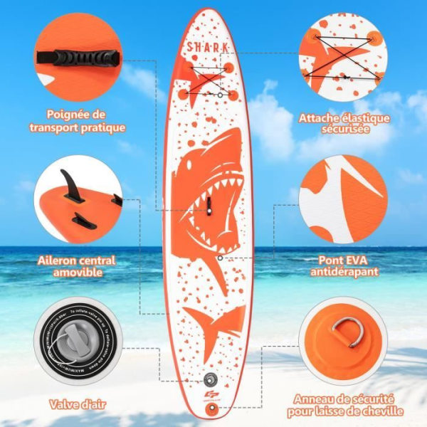 COSTWAY Uppblåsbar Stand Up Paddle Board - PVC - Justerbar paddel - Avtagbar fena - Manuell pump - Shark Style