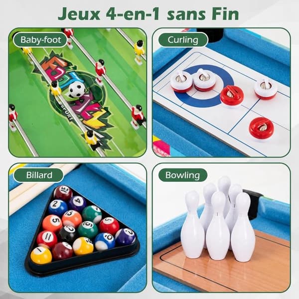 "Multi-spil Bord 4 i 1 COSTWAY - Bordfodbold, Billard, Bord Bowling og Curling - Stabelbare Træplader - Fuld Tilbehør"
