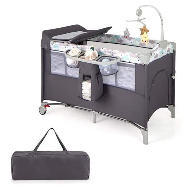 COSTWAY Foldbar babyparaplyseng 0-36 måneder 5 i 1 soveseng med madras, puslebord, justerbart autoværn, taske og 3 legetøj grå svart och grått