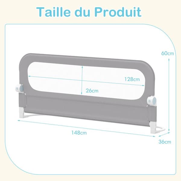 3-pack Fällbara Sänggrindar - COSTWAY - Höjdjusterbara, 178cm + 148cm, Tvättbart Oxford-tyg, Y-rem, Stabil U-bas, Grå