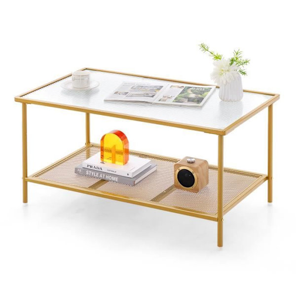 COSTWAY rektangulært sofabord i hærdet glas - Guld metalstel, bølget top, justerbare ben - stue, reception