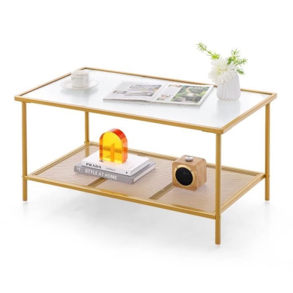 COSTWAY rektangulärt soffbord i härdat glas - Guld metallram, vågig skiva, justerbara ben - vardagsrum, mottagningsrum