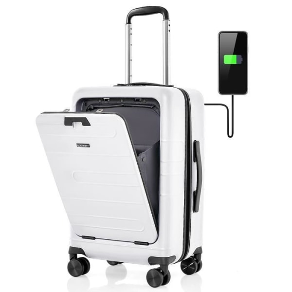 COSTWAY 20-tums handbagage på hjul med TSA-lås, med hopfällbart stativ, USB-laddning, flygresor, vit