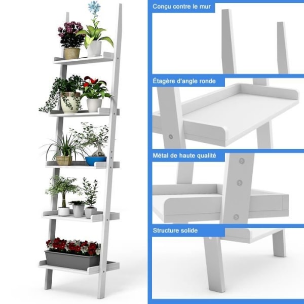 COSTWAY Bogreol Stigestil hylde med 5 opbevaringslager til stue, soveværelse 49 x 33 x 191 cm Skandinavisk hvid