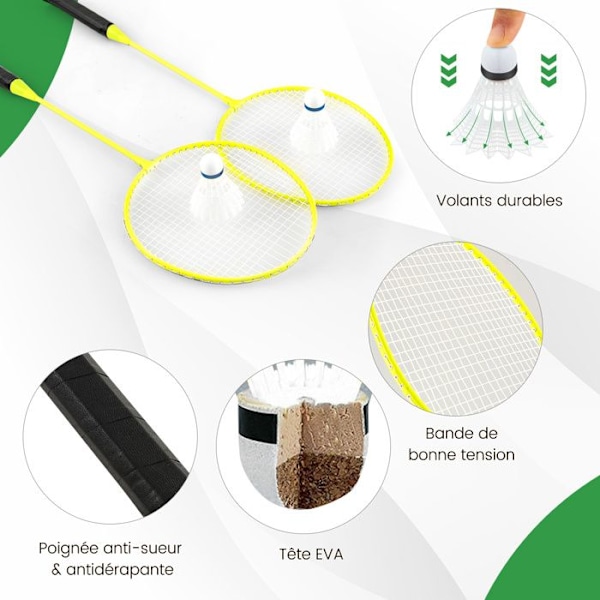 COSTWAY Portabelt badmintonset - Nät, 2 racketar, 2 fjäderbollar - 270 x 33,5 x 160 cm - Förvaringsväska - Metallrör - Grön