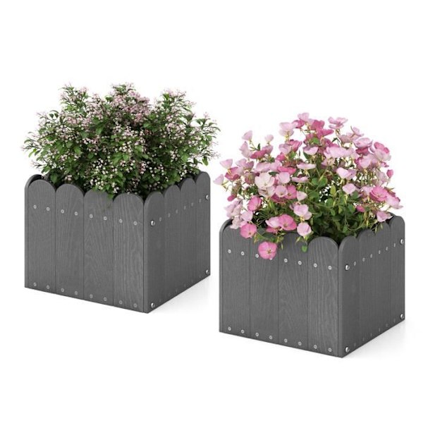 COSTWAY Sæt med 2 HDPE grøntsagshavefirkanter - Drænhuller, Hegnsdesign, Blomsterkasse - Frugt Blomster Grøntsager - Grå Grå