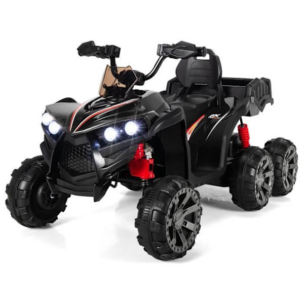 COSTWAY 12V elektrisk fyrhjuling för barn, med 6 hjul, 4 motorer, baklucka, LED, musik, berättelse, USB, 3+ år, svart Svart