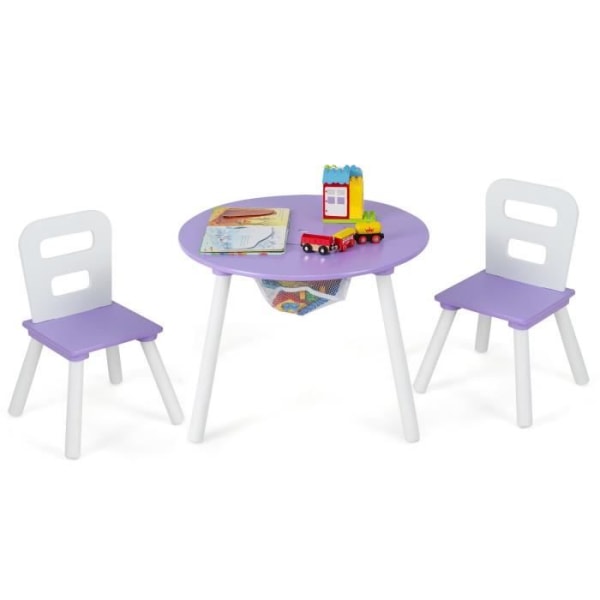 COSTWAY Barnbordsset med 2 stolar, nätpåse, 59,5 x 59,5 x 43,5 cm, för att studera, äta och leka