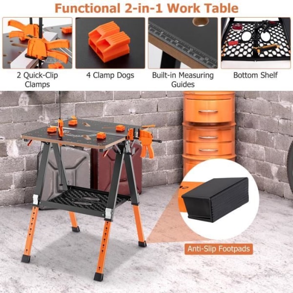 COSTWAY Workbench Savhorse 2 i 1-8 justerbar højde-2 x 4 støttearm-værktøj hylde-kapacitet 454 kg svart, orange