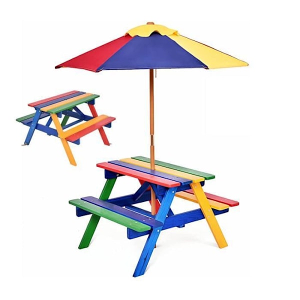 COSTWAY Børnehavebord og 2 bænk med parasol i fyrretræ, picnicbord til 4 børn, farverig farve Färgad + Brun