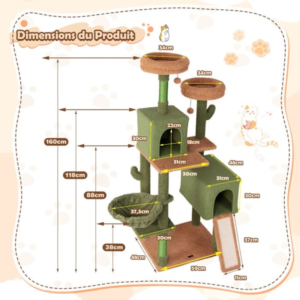 COSTWAY Cactus Cat Tree 63" Multi-Level, skrapstolpar, 2 lägenheter, vadderade sittpinnar, hängande leksaker, korg Färg: Grön + brun