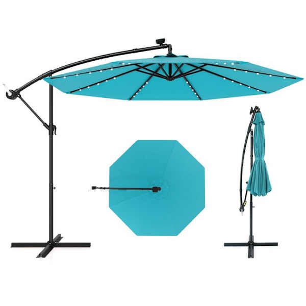 COSTWAY Parasoller med Udtræk φ300x250cm - 40 LED Krydsbase - Vinkeljustering 0 til 35 ° - Vippestang - 360° Rotation - Turkis