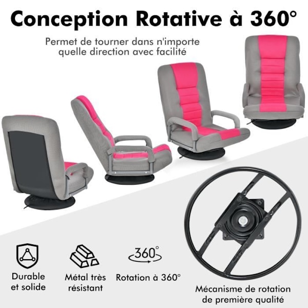 COSTWAY kokoontaittuva lattianojatuoli, 360° kääntyvä pohja, selkänoja säädettävissä 6 asentoon, enimmäiskuormitus 140 kg, vaaleanpunainen rosa och grå