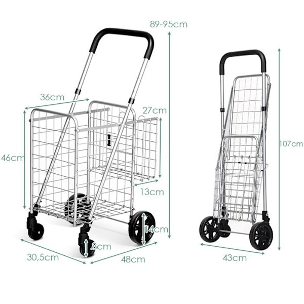 COSTWAY Foldbar markedsvogn - 4 hjul - 2 kurve (48L + 10L), Stål - Maks. belastning: 20 KG - Indkøbsvogn-sølv Pengar