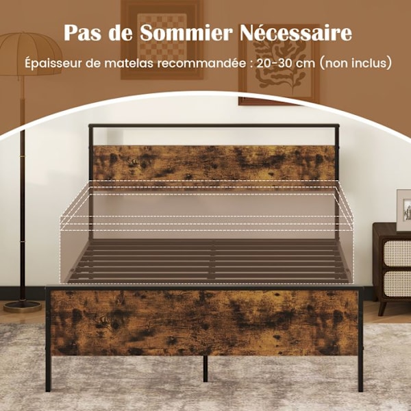 COSTWAY Dobbeltseng til Voksne Børn 140 x 200 cm med Hovedgærde, Metal Lamel, Plads Under Sengen, Sengestel Kapacitet 360 kg Rustik brun