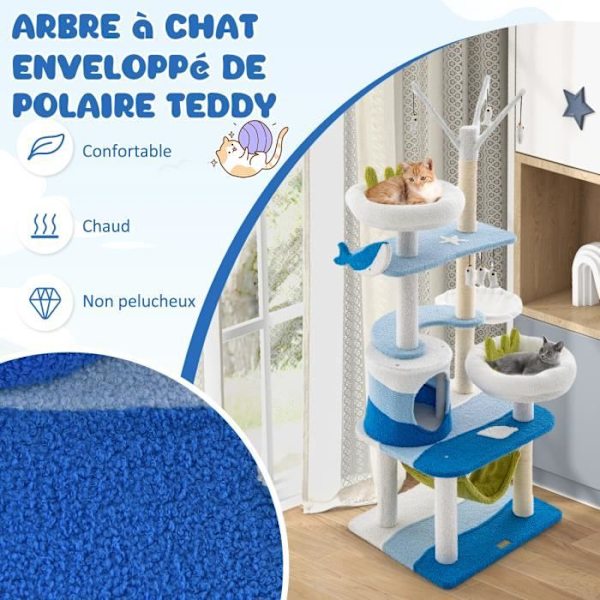 COSTWAY Cat Tree 165 CM - Asunto, raapimistolpat, riippuvat pommit, riippumatto, ahven, korisänky - meriteema