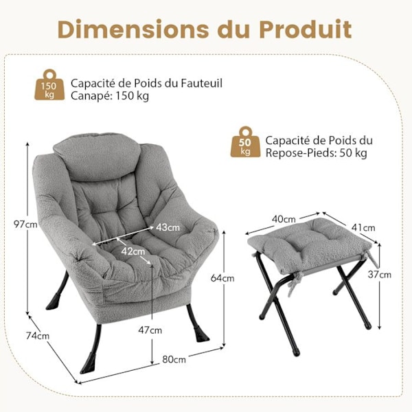 COSTWAY Relax Lænestol-Sammenfoldelig fodstøtte-Hovedpude-Blødt sæde-Armlæn-Opbevaringslomme-Metalramme-Belastning 150 kg-Grå