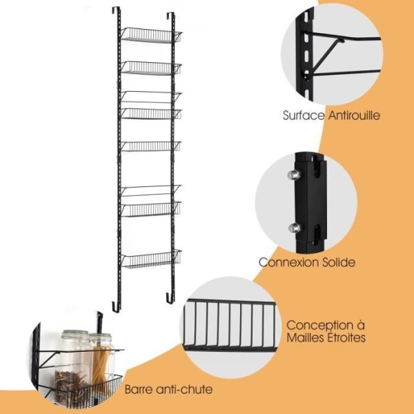 COSTWAY justerbar vägg kryddhylla 6 nivåer, hängande dörr Köksflaska förvaringsorgan med avtagbar korg