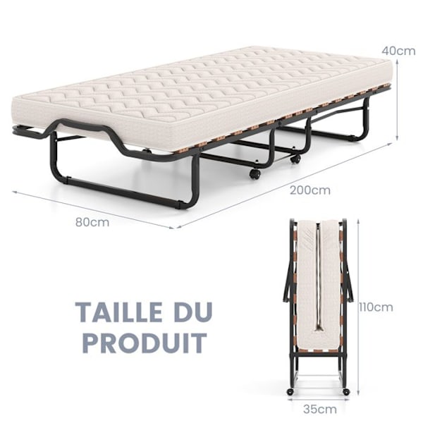 COSTWAY Foldeseng 80 x 200 cm, Ortopædisk Memory Madras 10 cm, 4-hjulet Sengeramme til gæster, Belastning 120 kg, Beige Ramfärg: Svart | Madrass färg: Beige
