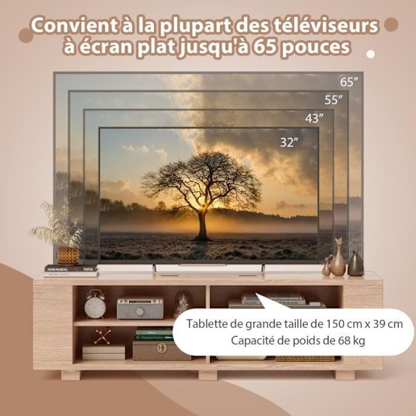 COSTWAY 65" tv-stativ med 4 rum, justerbare hylder, 4 kabelføringshuller, stue, soveværelse, 150x39x45 cm Natural