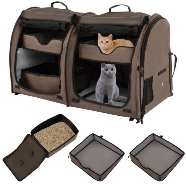 COSTWAY hopfällbar katt- och hundbärväska med 2 fack Husdjursbärarbur med 2 avtagbara hängmattor Kaffe