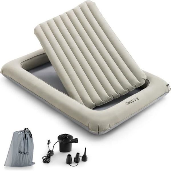 COSTWAY 1 plats Avtagbar uppblåsbar madrass 165x118x20cm Multipurpose barns resesäng i PVC flockad yta med elektrisk pump Beige