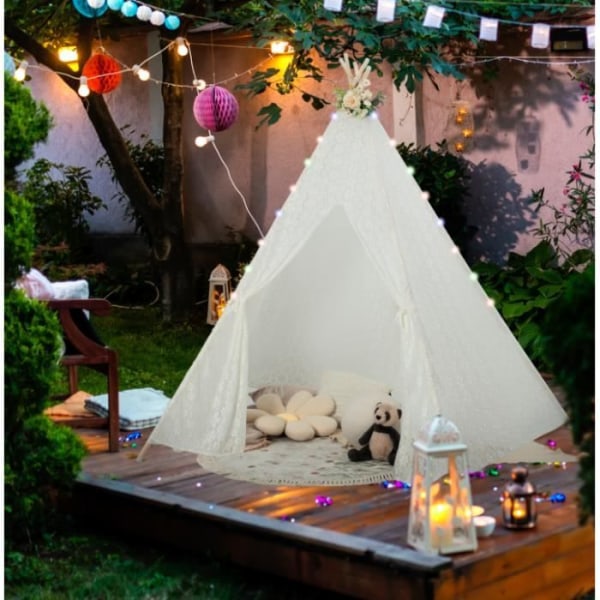 COSTWAY Stort tipi-lektält för barn med romantiska spetsljus i prinsessstil