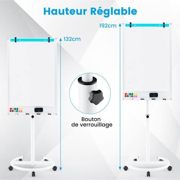 COSTWAY Magnetisk skrivtavla 100x65cm-Torrradering-Höjd, Justerbar vinkel-5 Hjul-Pappersklämmor-Pappersblock-12 Magneter-Vit