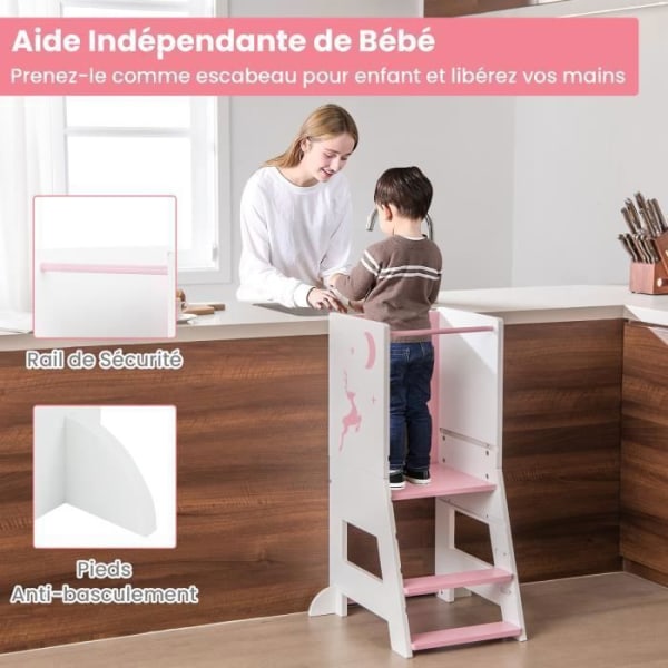 COSTWAY Montessori læringstårn i træ-køkkenskammel-bræt-3 vandbaserede kuglepenne-gå, justerbar højde-pink