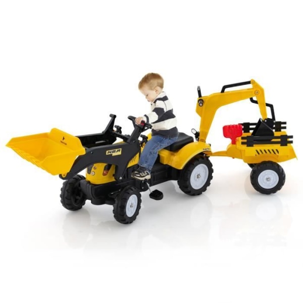 COSTWAY 3 i 1-traktor för barn med 6 hjul, grävmaskinleksak, avtagbar släpvagn, med ratt, horn, 3 till 6 år, gul