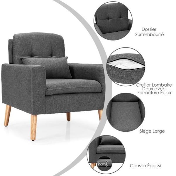 COSTWAY Modern Accent Fåtölj med svankdyna, 77 x 74 x 85 cm, Linnetyg, Max belastning 150 kg, Grå Grå
