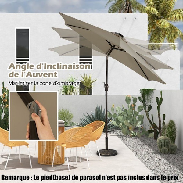 COSTWAY Tilt offset haveparasol Dia.270 x 250 CM med 18 LED'er, Anti-UV robust metalstruktur til terrasse, brun kastanj