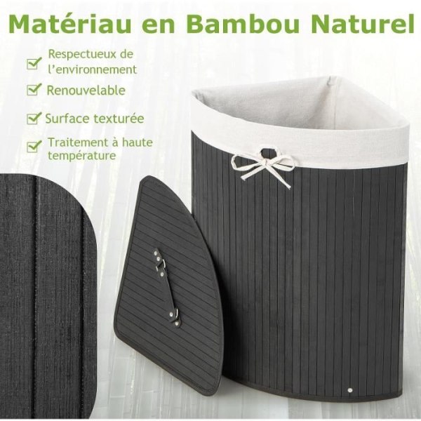 COSTWAY 58L tvättkorg i bambu med lock Hörntvättlåda för tvättstuga, badrum svart