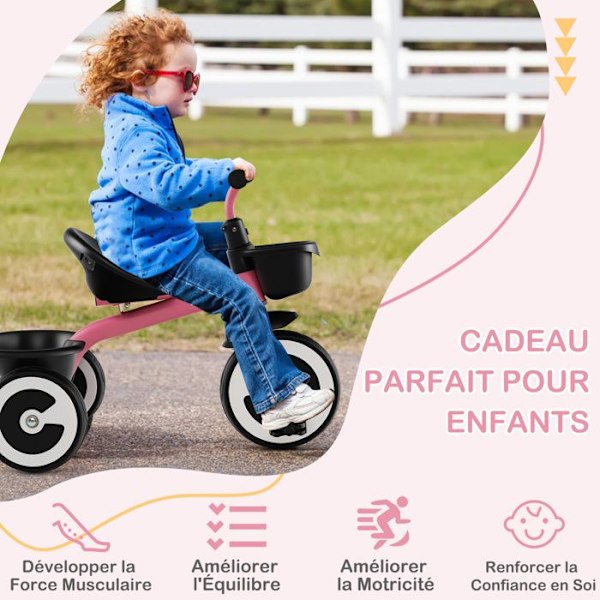 COSTWAY Trike til Barn med Pedaler, Justerbart Sæde, Opbevaringskurve, Robust Kulstofstål, 4 EVA Hjul, 1,5 til 5 År, Lyserød