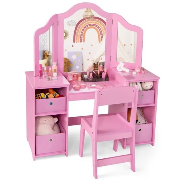 COSTWAY 2 i 1 toalettbord och stol för barn med löstagbar trippelvikbar spegel, 4 fack och förvaringsfack, rosa för åldrarna 3+