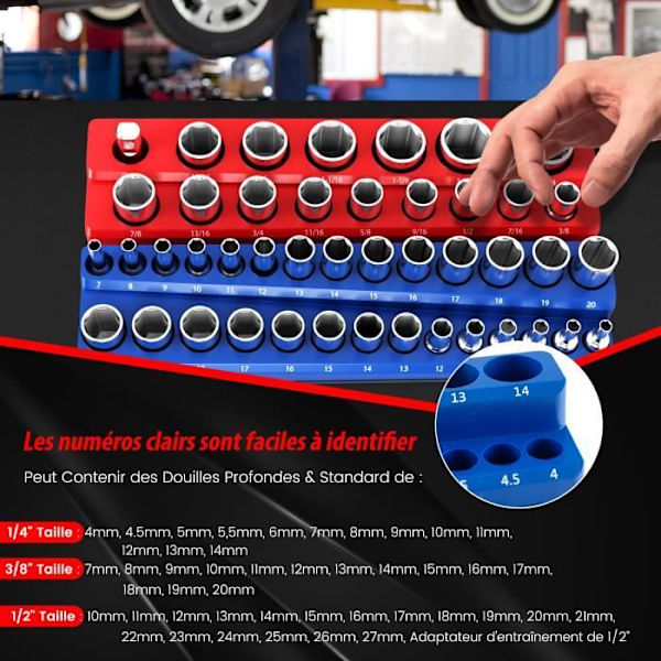 COSTWAY 6 Metriske og SAE Socket Organizers 1/2", 3/8", 1/4" Drive Kraftig magnetisk base til værksted