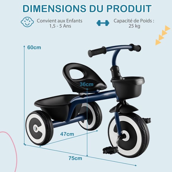 COSTWAY Tricycle til Barn med Pedal, Justerbart Sæde, Opbevaringskurve, Robust Kulstofstål, 4 EVA Hjul, 1,5 til 5 År, Blå