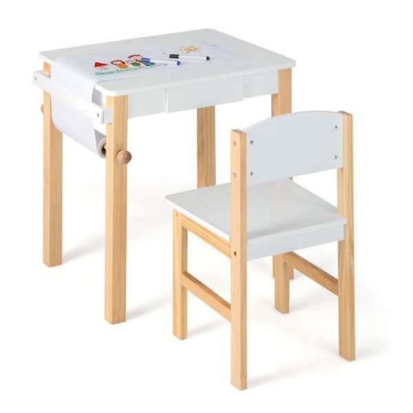COSTWAY Barnskrivbord med stol, förvaringslåda, 10 m pappersrulle, massiva träben, vit