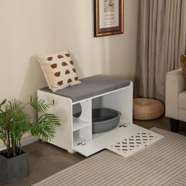 COSTWAY katttoaletthus med avtagbar kudde, kattlåda möbel med sidokrok och vikdörr, vit