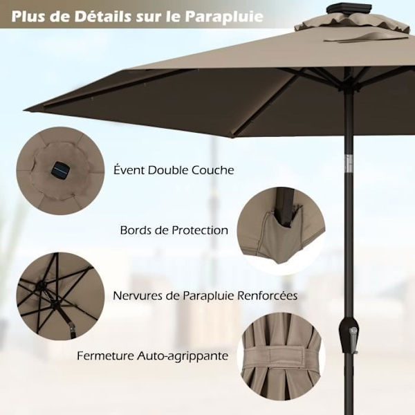 COSTWAY Tilt offset haveparasol Dia.270 x 250 CM med 18 LED'er, Anti-UV robust metalstruktur til terrasse, brun kastanj