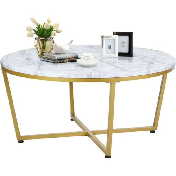 COSTWAY soffbord med marmortryck med X-formad bas, 90 x 90 x 42 CM, runt vardagsrumsbord med justerbara fotkuddar